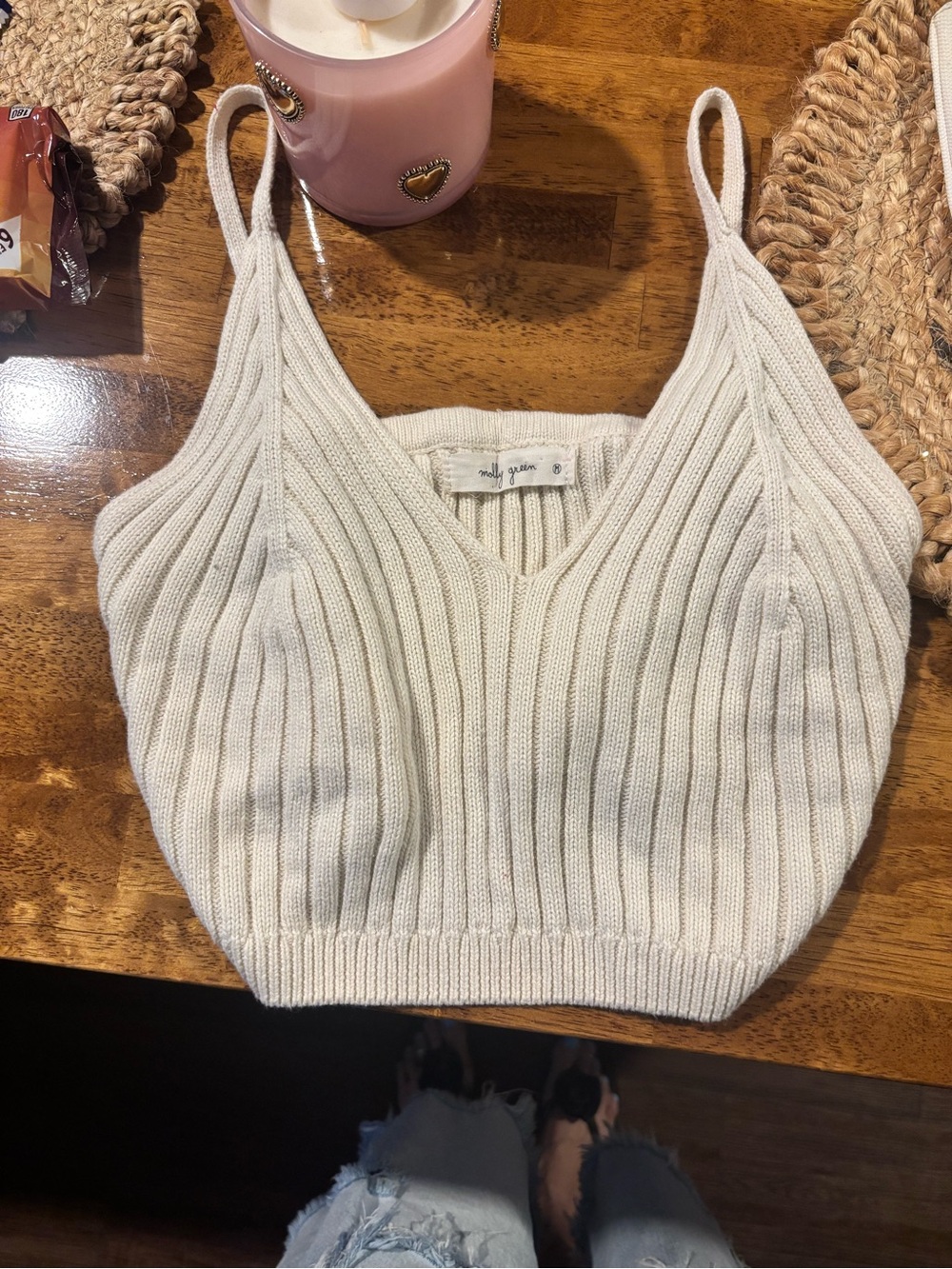 V-Neck Ribbed Cream Crop Tank Top